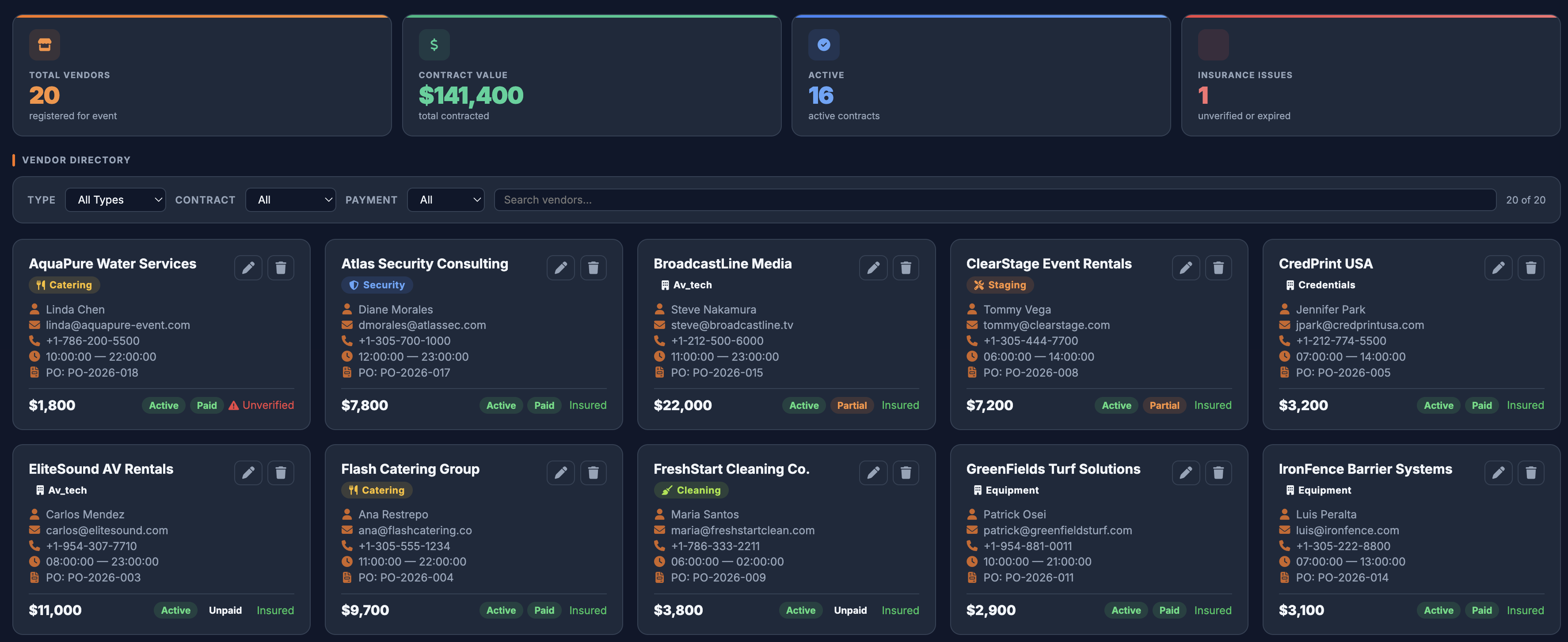 Vendors Module — Contract & payment status