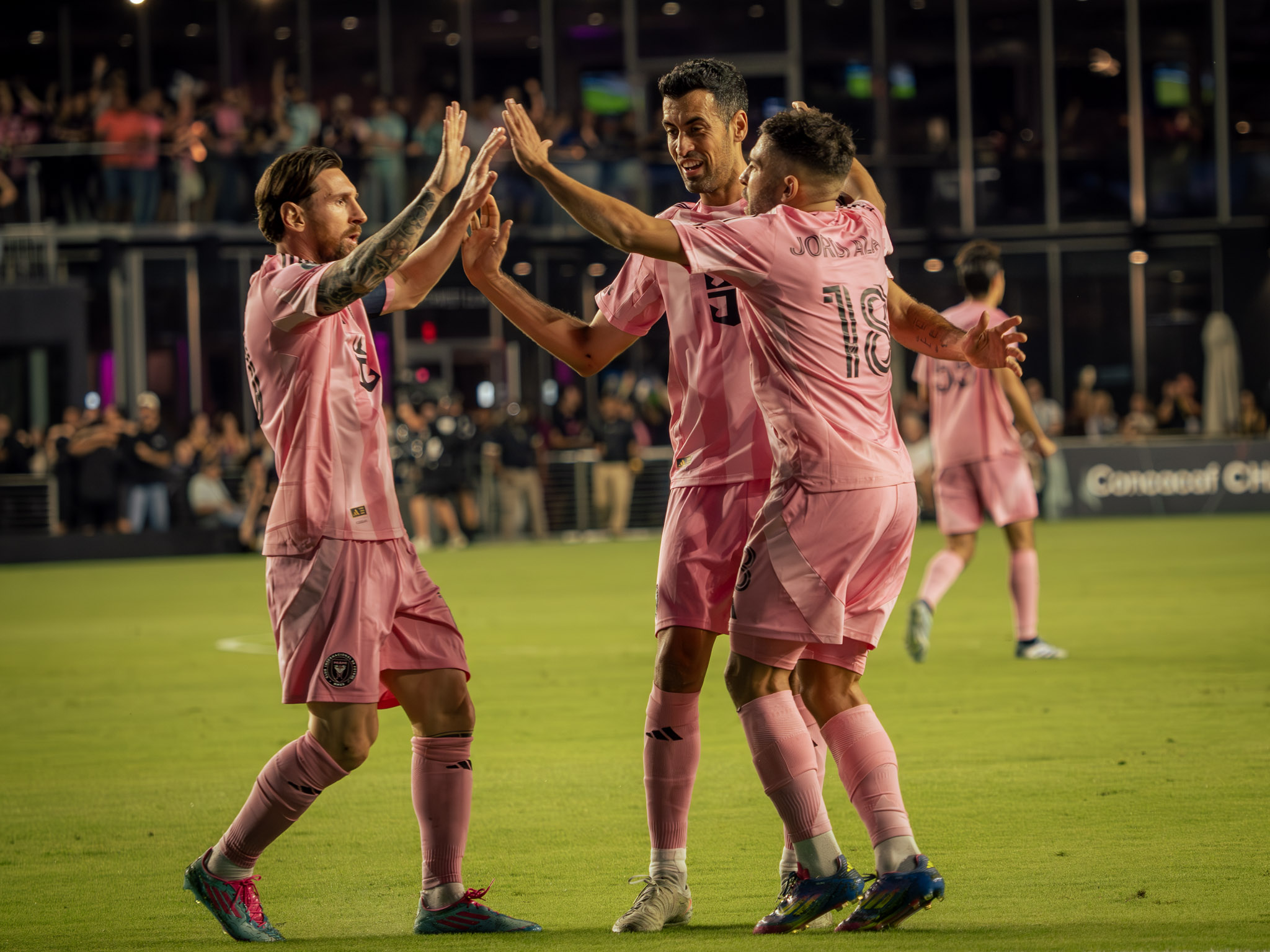 Messi, Busquets, Alba celebrate Alba's goal